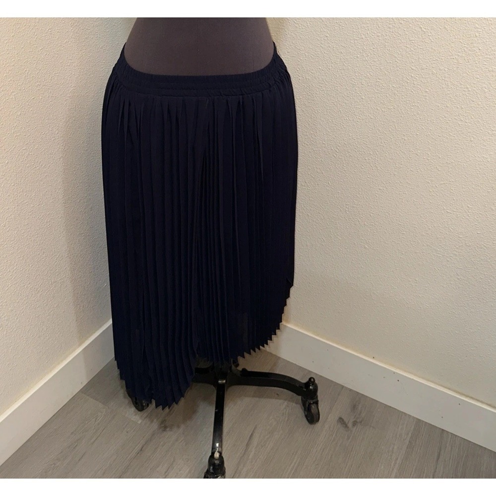 Pleione Asymmetrical Pleated Midi Skirt Black Sheer Overlay Size‎ S Navy Pull On